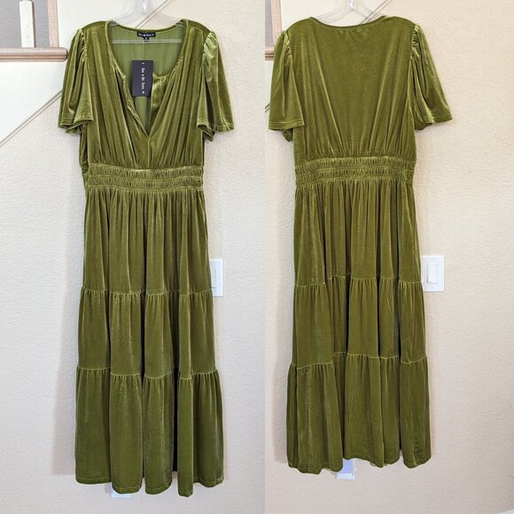 Boho Chartreuse Green Velvet Short Sleeve Tiered A-line Maxi Dress 14 - Picture 2 of 4